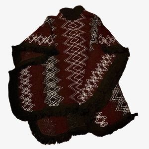 Vintage Bohemian Western Fringe Maroon Black White Poncho Cape Sweater One Size